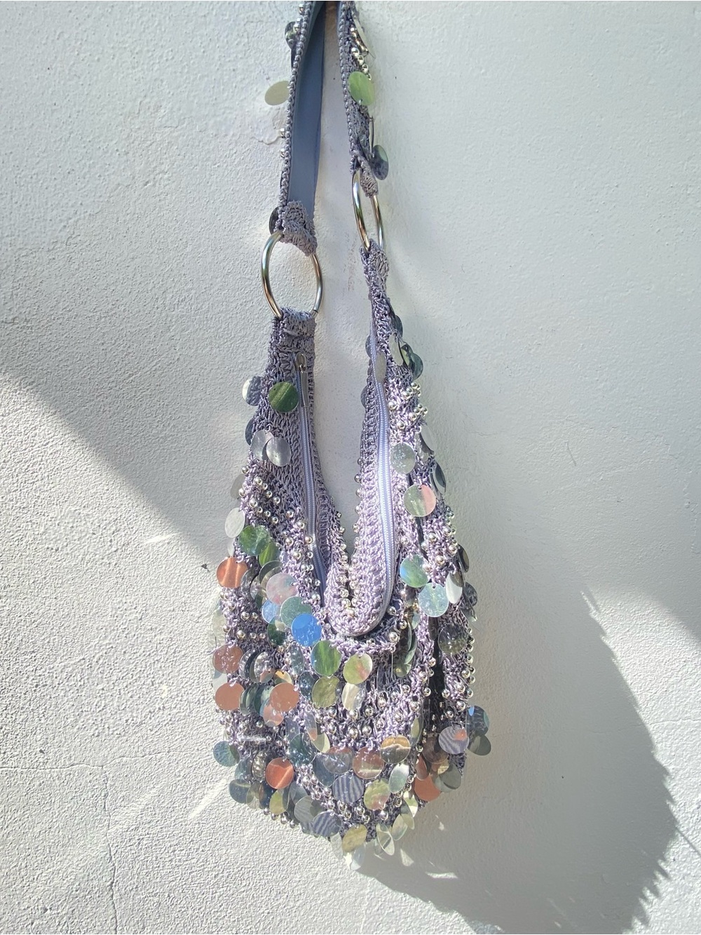 Y2K Grey Crochet Silver Sequin Hobo Shoulder Bag